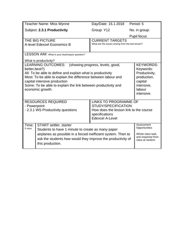 2.3.1 Productivity - Edexcel Economics A-level whole lesson | Teaching ...