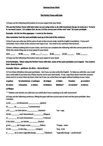 German Cover Work The Perfect Tense with Sein