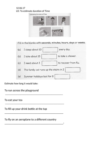 year 1 estimating duration of time worksheet teaching resources