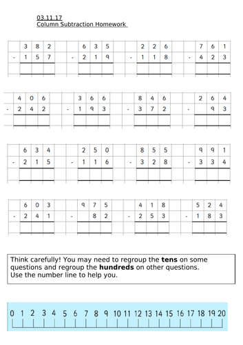 year 3 column subtraction 3 digit numbers worksheet