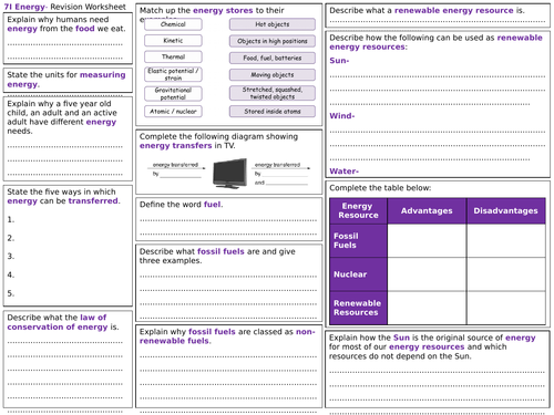 Exploring Science 7I Revision Worksheet- Energy