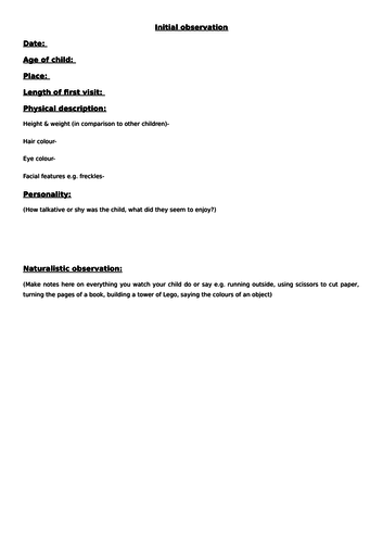RO20- child development OCR Cambridge Nationals, Observation worksheets ...