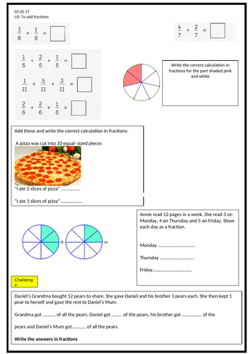 year 3 adding fractions worksheet teaching resources