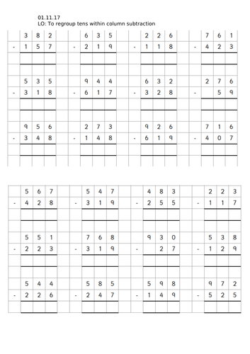 year 3 column subtraction of 3 digit numbers regrouping