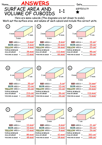 surface area and volume of a cuboid set 1 90 questions over 10 worksheets answers teaching resources