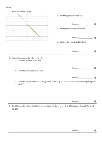 Test/ worksheet +answers. Straight line graphs GCSE/IGCSE-