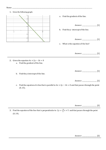 Test/ worksheet +answers. Straight line graphs GCSE/IGCSE-