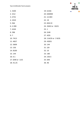 Arithmetic Test 6 (with answers) | Teaching Resources