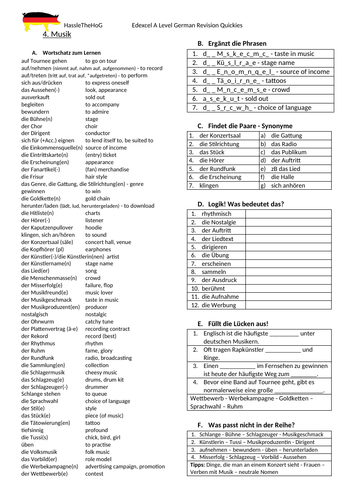 Edexcel A Level Vocabulary Worksheets: Musik, Medien, die Rolle von Festen und Traditionen