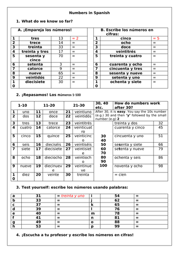 mastering spanish numbers worksheets big small 1 1000 teaching resources