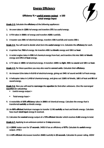 Calculating Efficiency Worksheet With Differentiated Graded Questions 