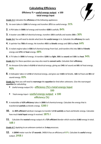 Calculating Efficiency Worksheet With Differentiated Graded Questions Answer Sheet 