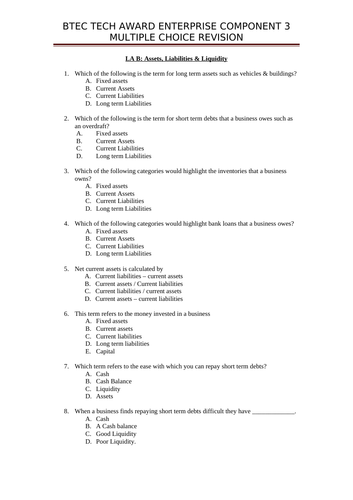 BTEC TECH AWARD ENTERPRISE Level 2. COMPONENT 3. Multiple Choice Revision Quizzes