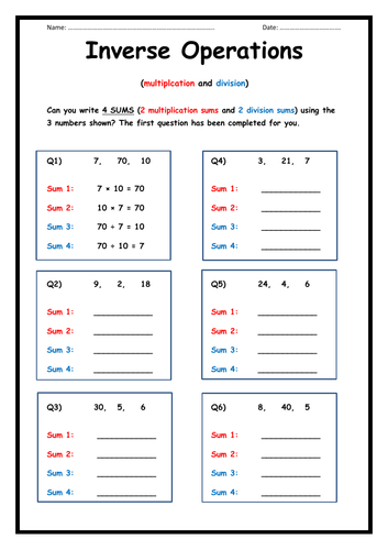 Inverse Operations - Multiplication & Division sums