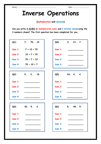 Multiplication Division Inverse Worksheet