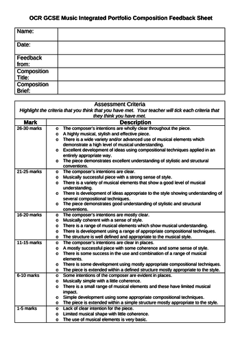 OCR GCSE Music Composition feedback sheet (free choir or brief composition)