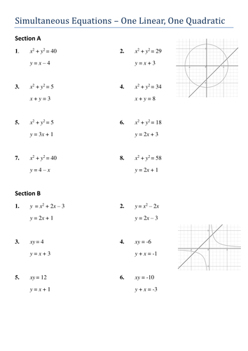 simultaneous equations with one quadratic worksheet and