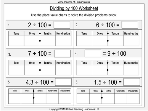Dividing One And Two Digit Numbers By 100 Year 4 Teaching Resources