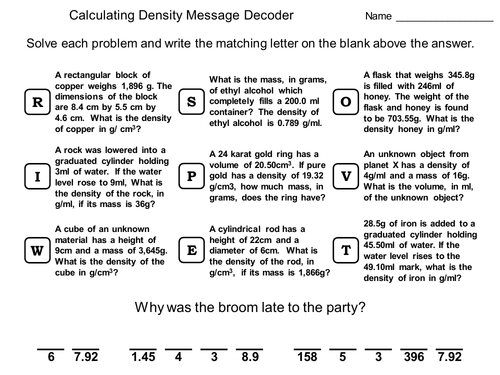 Calculating Density Worksheet: Math Message Decoder | Teaching Resources