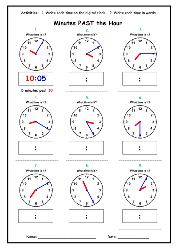 Telling the time - Minutes PAST the Hour Worksheet | Teaching Resources