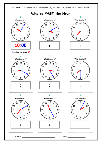 Telling the time - Minutes PAST the Hour Worksheet