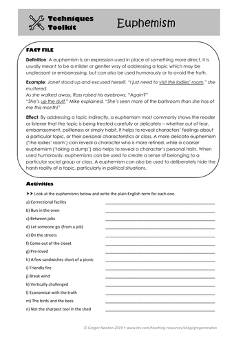 euphemism techniques toolkit worksheet and powerpoint teaching resources