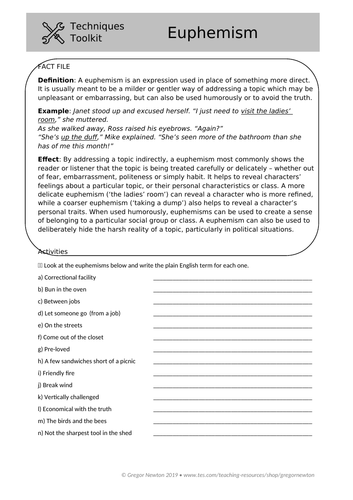 euphemism techniques toolkit worksheet and powerpoint teaching resources