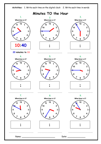 Telling the Time - Minutes TO the Hour Worksheet | Teaching Resources