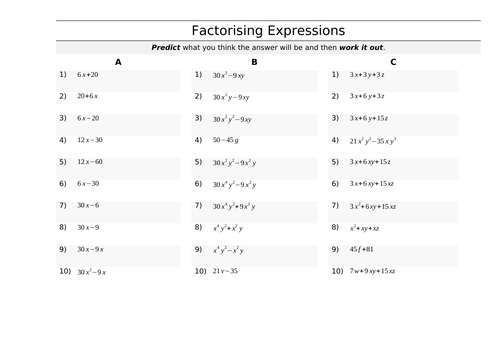 Factorising Linear Expressions | Teaching Resources