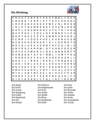 Kleidung (Clothing in German) Wordsearch 1