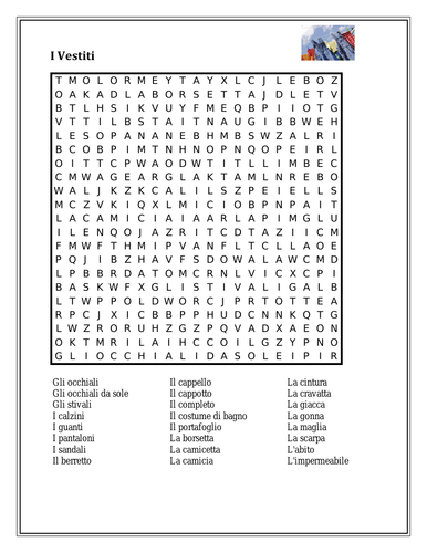 Vestiti (Clothing in Italian) Wordsearch