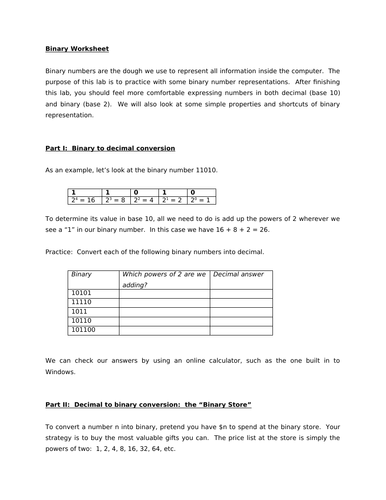 Binary worksheet | Teaching Resources