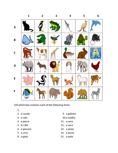 Animais (Animals in Portuguese) Find it Worksheet
