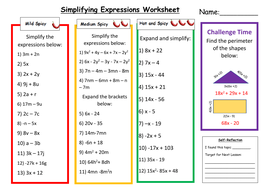 Simplifying Expressions Differentiated Worksheet with Answers