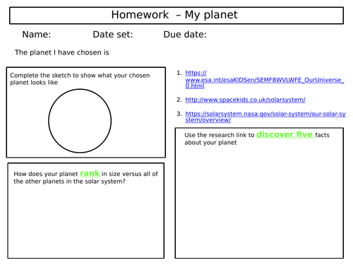 KS3 Homework tasks: Space