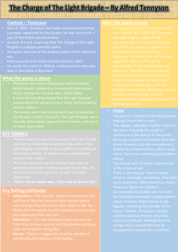 Charge of the light brigade revision sheet