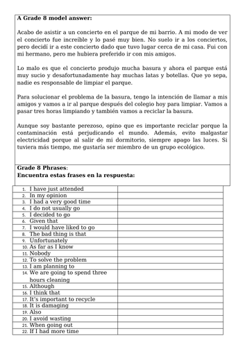 Spanish GCSE longer writing task el medio ambiente: environment ...