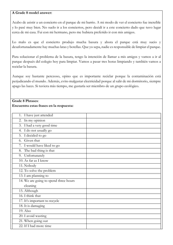 Spanish GCSE longer writing task el medio ambiente: environment, writing model answer & translation