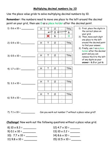 multiplying decimals by 10 differentiated worksheets teaching resources