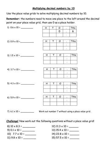 multiplying decimals by 10 differentiated worksheets teaching resources