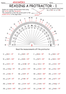 READING A PROTRACTOR - measuring angles. 64 Questions over 2 worksheets