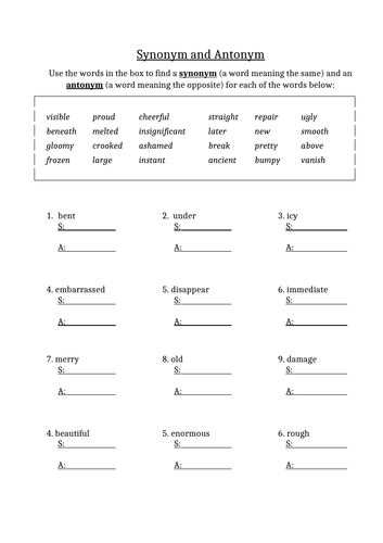 Synonym and Antonym worksheet Teaching Resources