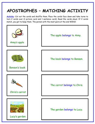 Possessive Apostrophes - Words and Pictures Matching Activity