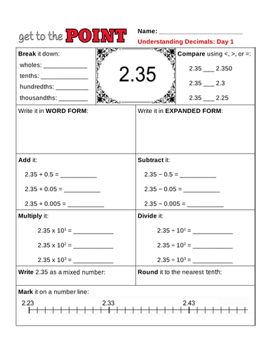 Decimal Practice to the Thousandths: practice adding, rounding, number lines