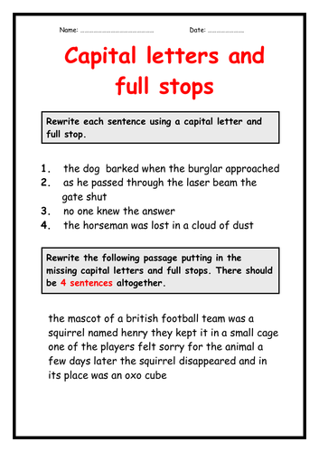 Capital Letters And Full Stops Worksheet Year 6