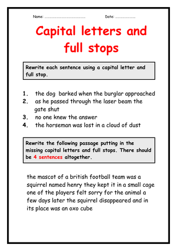 Capital Letter And Full Stop Worksheet Grade 2