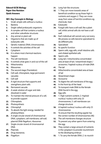 Edexcel Gcse Biology Paper One Revision Quick Questions New Spec 2018 6924