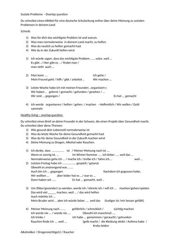 Writing revision GCSE German 2016+ 90 words questions for all themes  with support