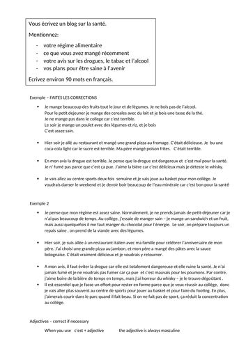 GCSE French - written answer for correction (healthy life) and adjective exercise