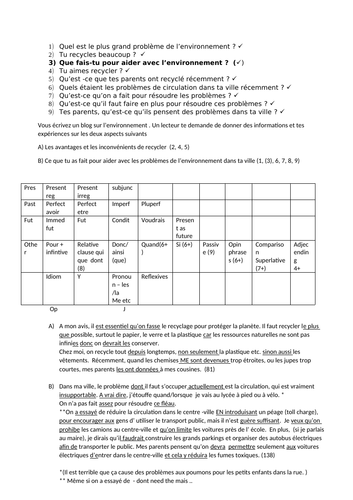 GCSE French - environment - higher writing model & speaking questions